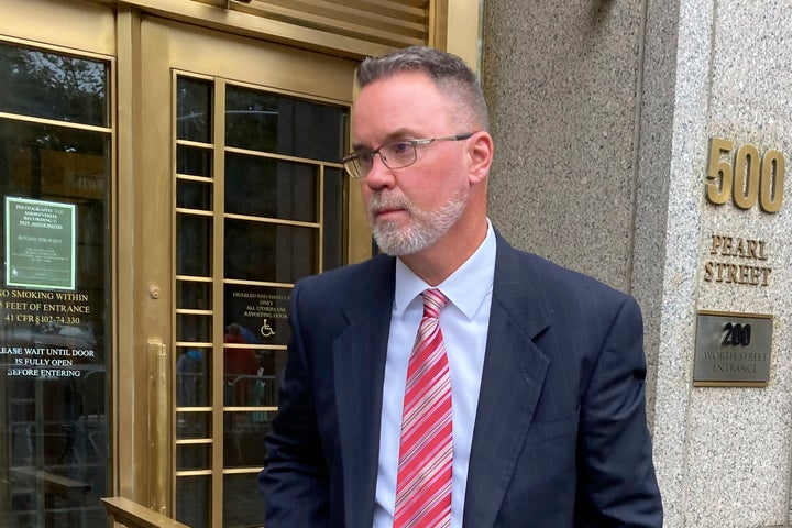 Timothy Shea stands outside Manhattan federal court after he was sentenced on Tuesday for his role in a scheme to siphon hundreds of thousands of dollars from an online fundraiser that collected $25 million in donations.