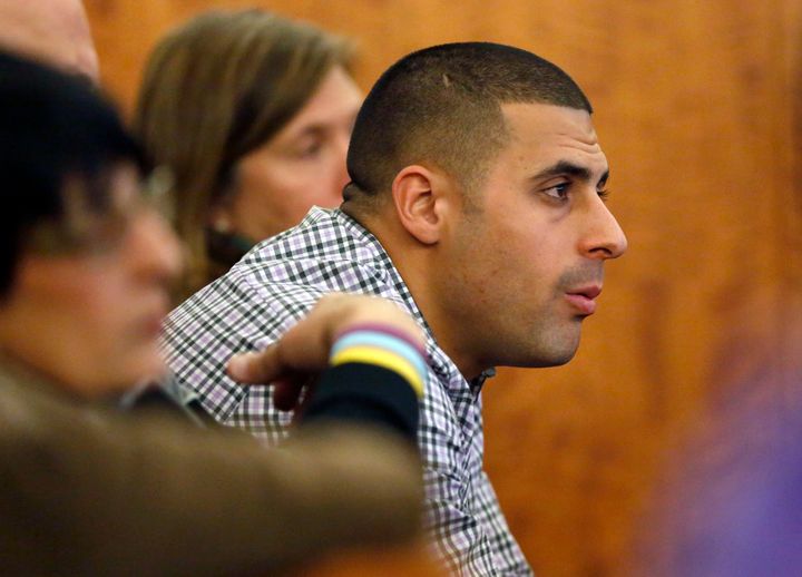 Dennis Hernandez, brother of former New England Patriots NFL football player Aaron Hernandez, watches during his brother's murder trial on Jan. 29, 2015, in Fall River, Massachusetts.