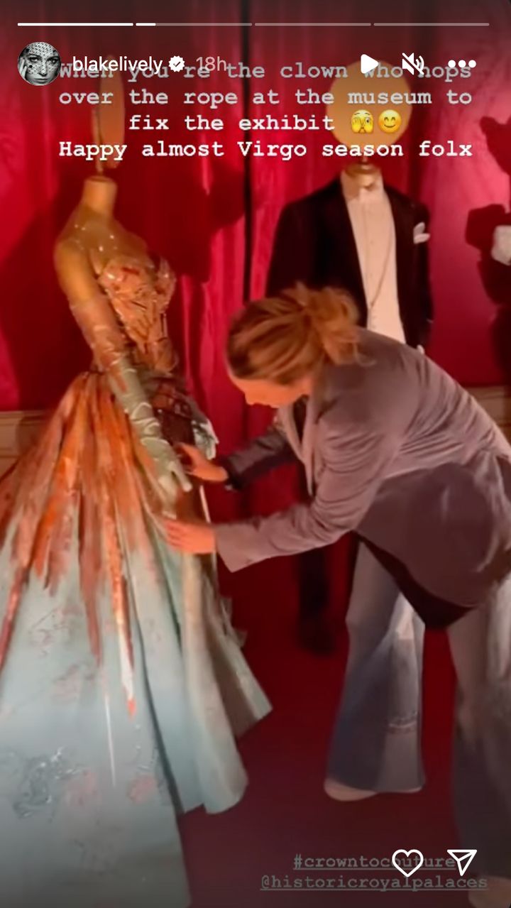 Blake Lively fixing her Met Gala gown at Kensington Palace