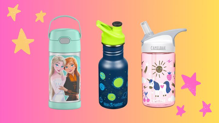 A Thermos Funtainer water bottle, Kleen Kanteen kids' water bottle and Camelbak Eddy kids' water bottle.