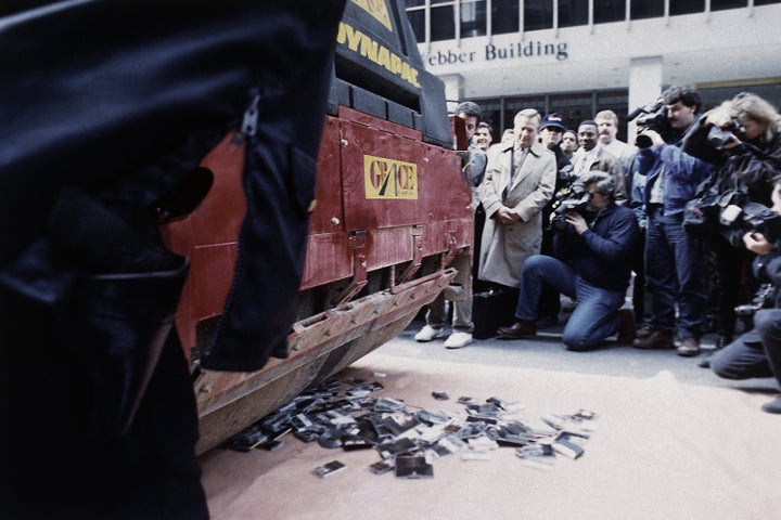 Sinéad O’Connor cassettes and CDs being flattened in New York City in 1992.