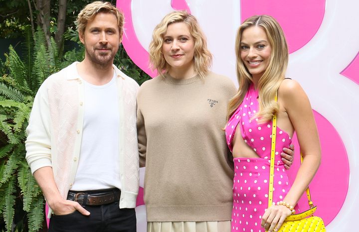 Ryan Gosling, Greta Gerwig and Margot Robbie attend the press junket and photo call for Barbie at Four Seasons Hotel Los Angeles at Beverly Hills on June 25, 2023