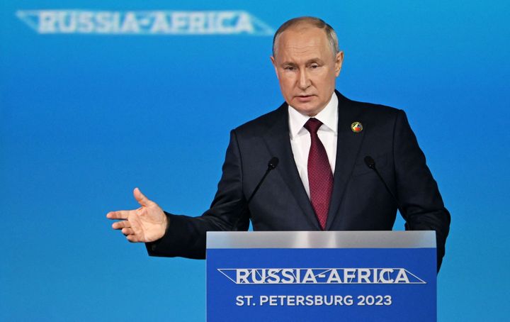 Putin giving a speech during the second Russia-Africa summit in St Petersburg.