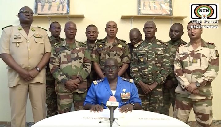 A screengrab captured from a video shows the soldiers who appeared on national TV to announce the ouster of President Mohamed Bazoum in Niger, on July 27, 2023.