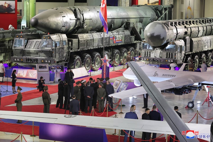 North Korean dictator Kim Jong Un and Russia's Defense Minister Sergei Shoigu visit an exhibition of armed equipment on the occasion of the 70th anniversary of the Korean War armistice.