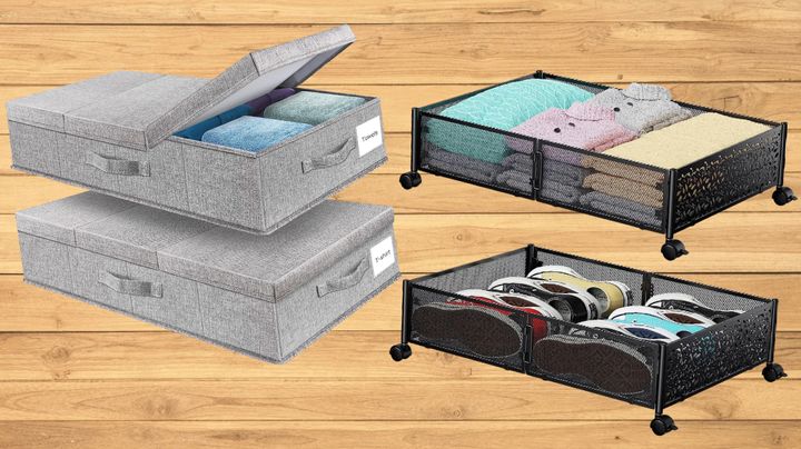 Fabric underbed boxes and metal boxes on wheels.