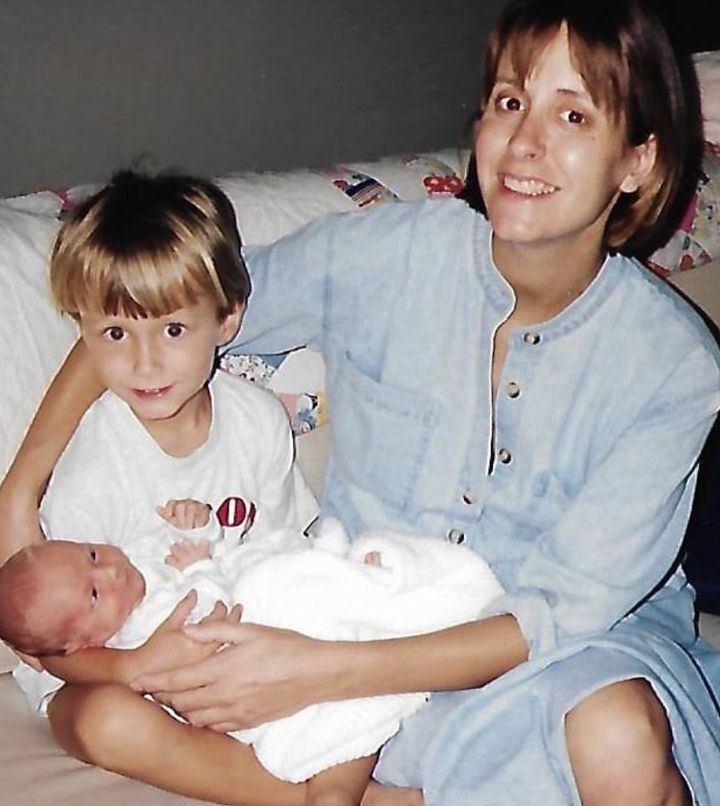The author, post-bath time with her boys in 1997.