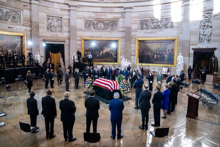Members of Congress and others pay respects to the late Sen. Harry Reid (D-Nev.) as his remains lie in state in the U.S. Capitol Rotunda in January 2022.