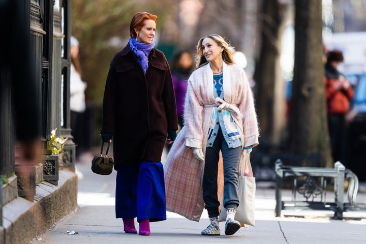 Cynthia Nixon and Sarah Jessica Parker on the And Just Like That set in February
