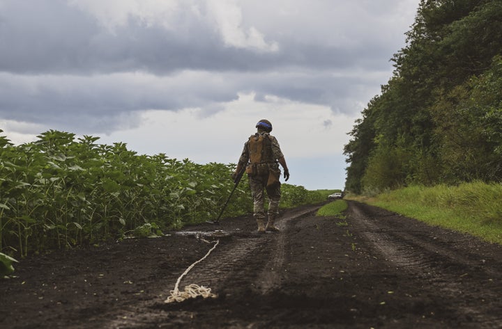 DONETSK, UKRAINE - JULY 11: Ukrainian army's 35th Marine Brigade members conduct mine clearance work at a field in Donetsk, Ukraine on July 11, 2023. (Photo by Anadolu Agency via Getty Images)