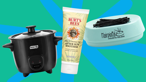 Dash rice cooker, Burt's Bees cream and a bobby pin holder.