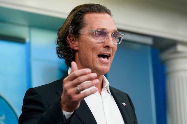 Matthew McConaughey, a native of Uvalde, Texas, talks about the mass shooting in Uvalde as he joins White House press secretary Karine Jean-Pierre for the daily briefing at the White House in Washington D.C. on June 7, 2022.