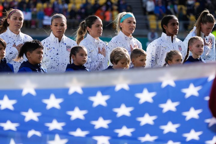 The U.S. team sing the national anthem ahead of play in the Women's World Cup match between the United States and the Netherlands last week.