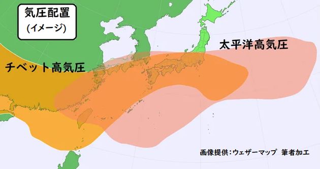 チベット高気圧と太平洋高気圧が重なった気圧配置のイメージ