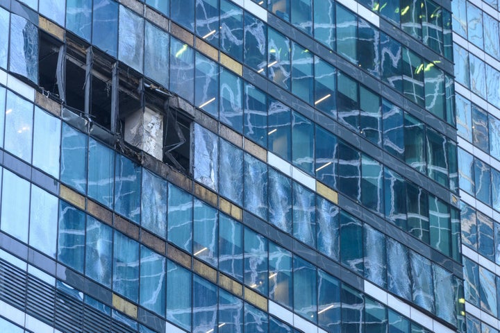 A view of the damaged building is seen in the "Moscow City" business district after a reported drone attack in Moscow, Russia, early on Aug. 1, 2023. 