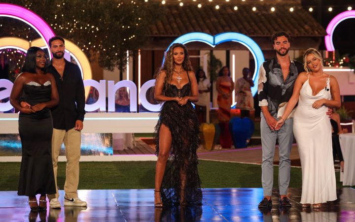 The final two couples, Whitney and Lochan and Sammy and Jess, with Love Island host Maya Jama as the winners were announced