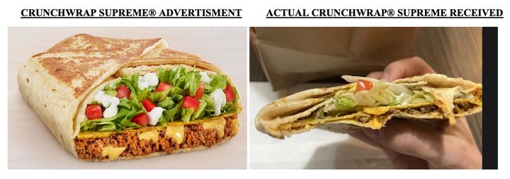 A Taco Bell advertisement compared to a customer-provided photo of the same item.