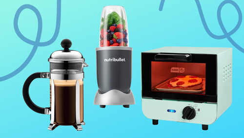 A Bodum French Press, Nutribullet smoothie maker and Dash mini toaster oven.
