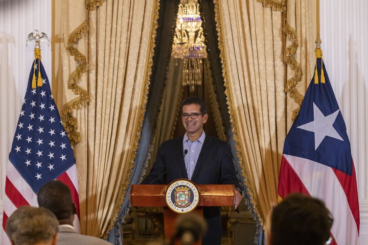 Puerto Rico Gov. Pedro Pierluisi, a member of the pro-statehood New Progressive Party, holds a press conference in San Juan, Puerto Rico.