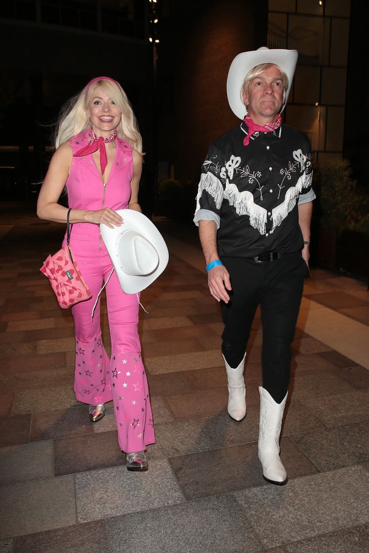 Holly and Dan as Ken and Barbie at Leigh Francis' movie-themed 50th birthday party at Soho House White City on April 29, 2023 