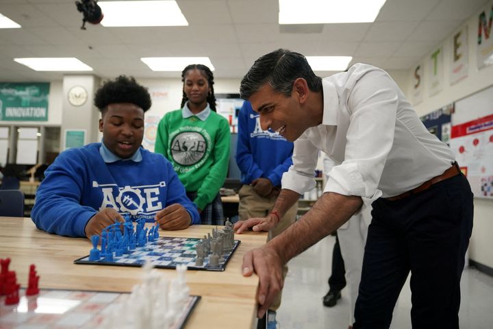 Rishi Sunak is shown a 3D printed chess set during a visit to a school in the US in June.