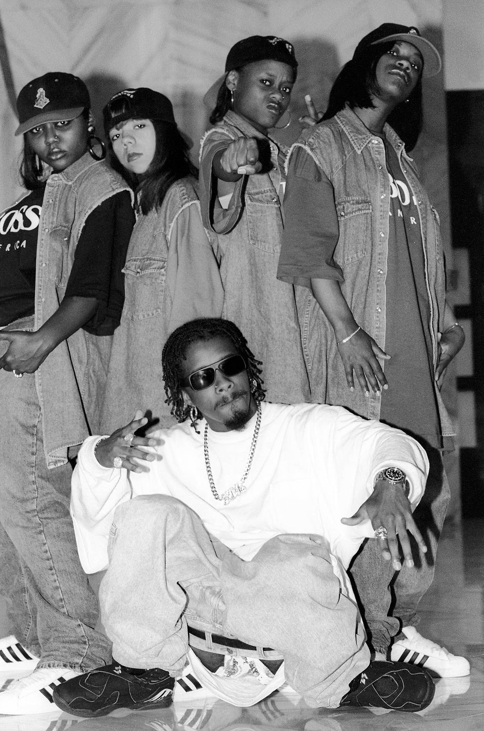 Dupri appears with the band Xscape (Tameka "Tiny" Harris, LaTocha Scott, Tamika Scott and Kandi Burruss) on May 26, 1993, in New York City.