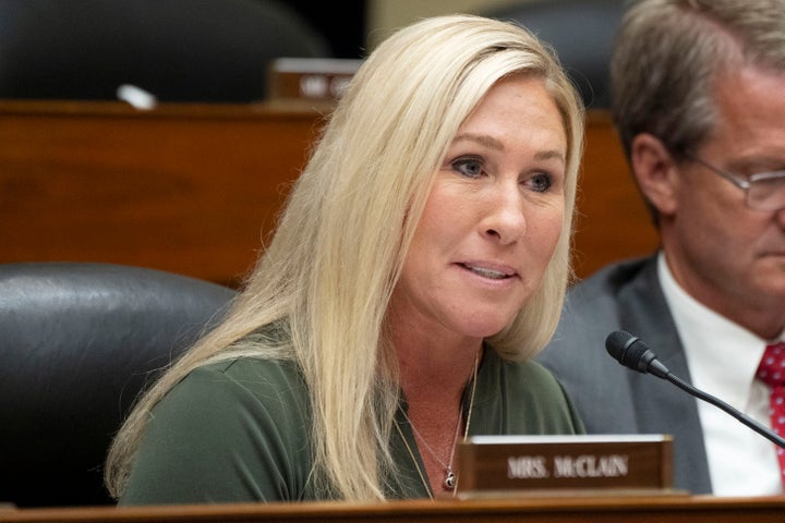 Rep. Marjorie Taylor Greene, R-Ga., speaks during at a House Oversight and Accountability Committee hearing with IRS whistleblowers on July 19, 2023.