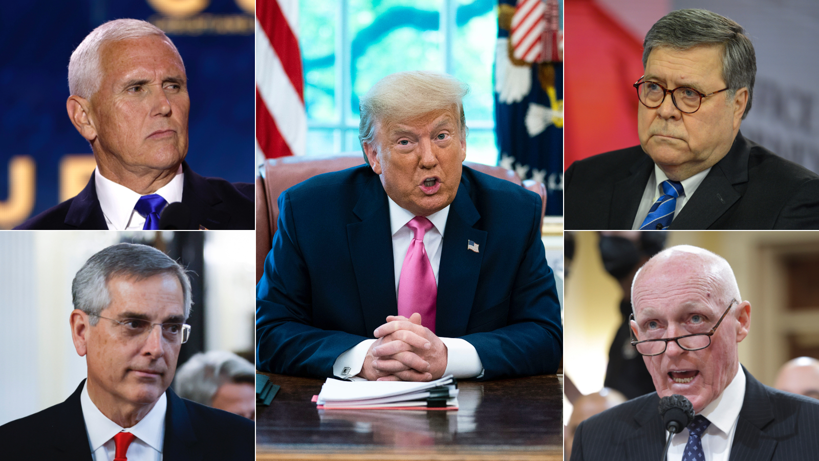 Split frame of Mike Pence, Brad Raffensperger, Rusty Bowers, Bill Barr and Donald Trump