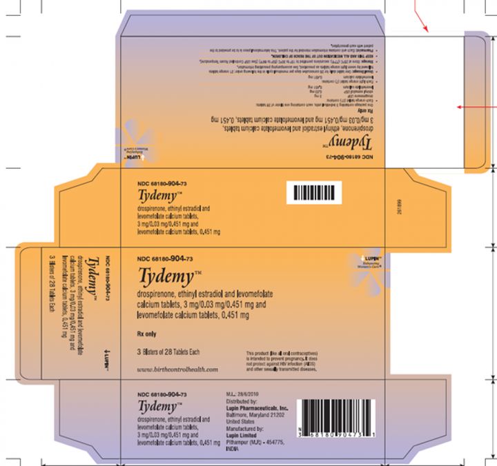 The recalled Tydemy birth control products are marked with national drug codes (abbreviated NDC) reading 68180-904-71 or 68180-904-73.