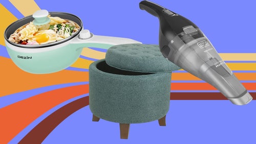 An electric hot pot, a storage ottoman and a Black + Decker Dustbuster. 