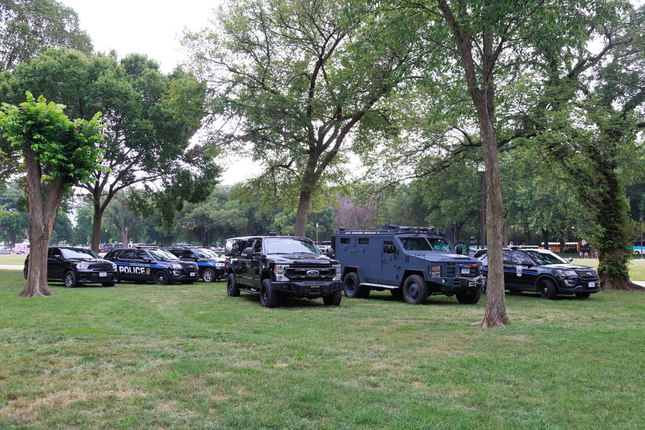 Law enforcement gathers on the National Mall as an anti-Trump protest takes place blocks away from the courthouse.