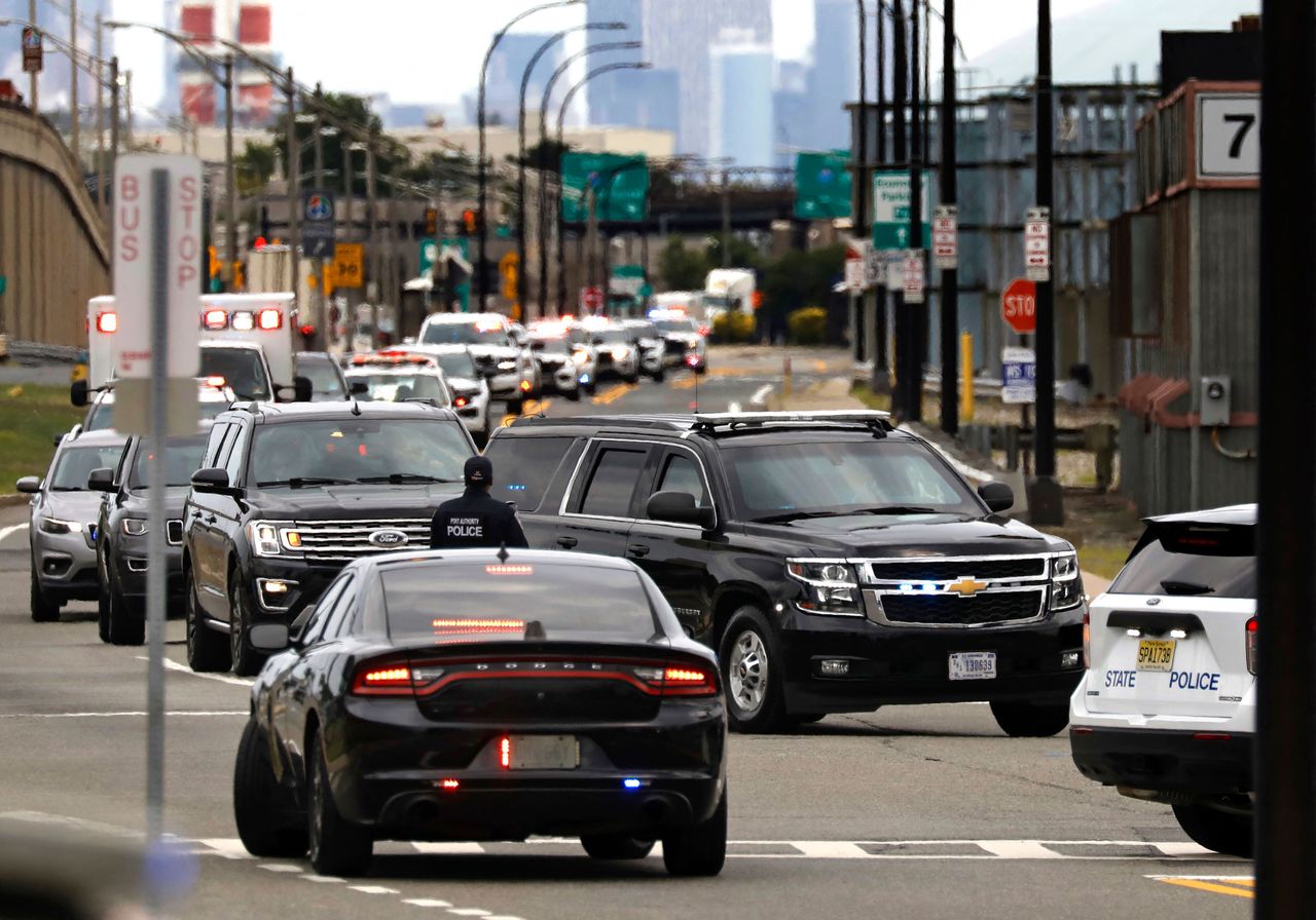 Trump's motorcade arrives at Newark Liberty International Airport.