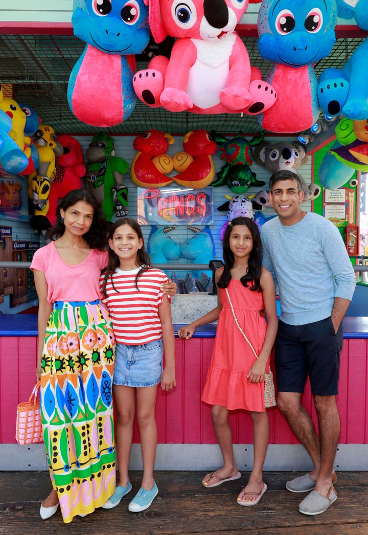 Rishi Sunak with his wife Akshata Murty and their daughters Anoushka and Krishna at Santa Monica Pier in Santa Monica, California.