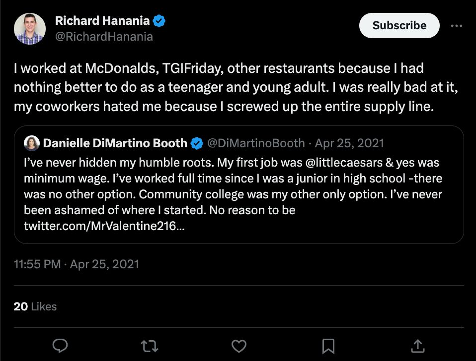 In a 2021 tweet, Hanania wrote about being "really bad" at his McDonald's job as a teen. "Richard Hoste," the pseudonymous author of HBD Books, also wrote about being a bad McDonald's employee in 2009.