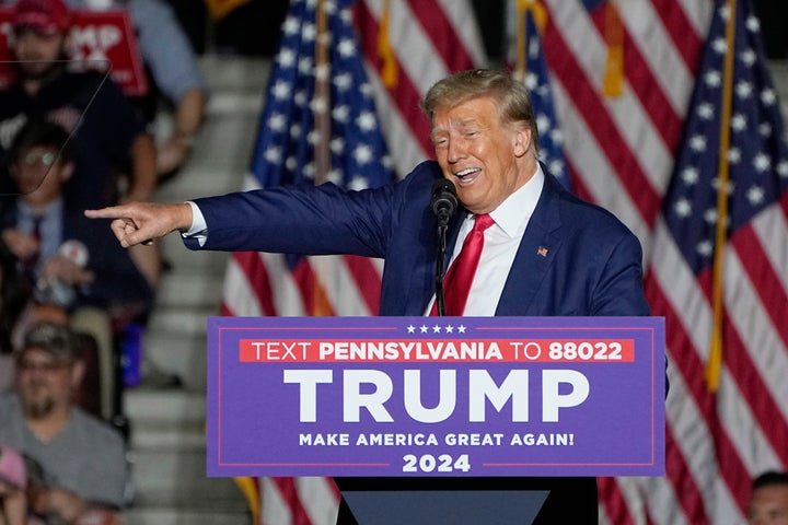 Former President Donald Trump speaks during a campaign rally in Erie, Pennsylvania on Saturday. Trump, accused in a conspiracy to overturn the results of the 2020 election, has been told not to discuss the case with any witnesses outside the presence of lawyers. But statements about that effort form the backbone of his reelection campaign.