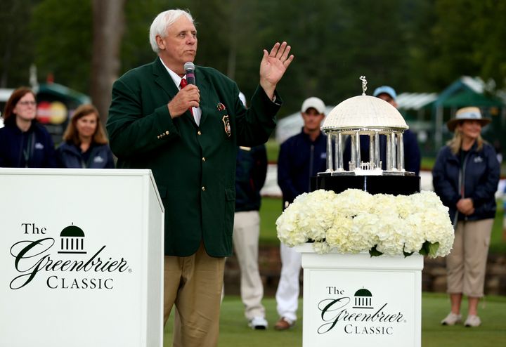 Owner of The Greenbrier Jim Justice speaks to the crowd during the final round of the Greenbrier Classic held at The Old White TPC on July 5, 2015, in White Sulphur Springs, West Virginia.