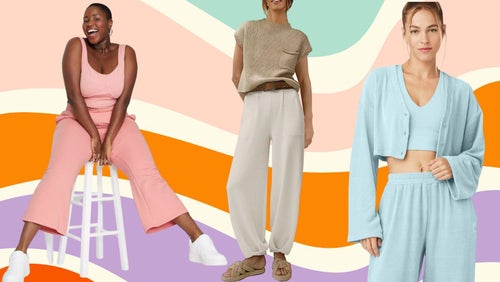 A pair of high-waisted French terry sweatpants, a two-piece knit set and a cropped chenille cardigan.