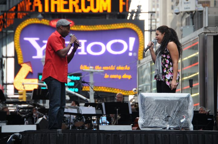 Oliver performs with Jordin Sparks in New York's Times Square in 2010.