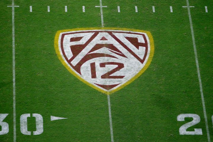 FILE - The Pac-12 logo is shown at Sun Devil Stadium during the second half of an NCAA college football game between Arizona State and Kent State in Tempe, Ariz., Aug. 29, 2019. Colorado is leaving the Pac-12 to return to the conference the Buffaloes jilted a dozen years ago, and the Big 12 celebrated the reunion with a two-word statement released through Commissioner Brett Yomark: “They’re back.” (AP Photo/Ralph Freso, File)