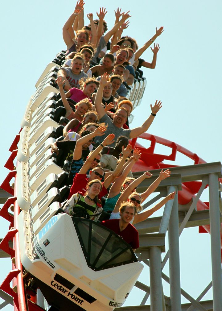 An undated photo of riders aboard the Magnum XL-200 roller coaster.