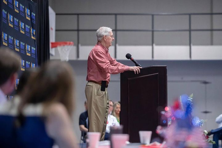 Senate Minority Leader Mitch McConnell (R-KY) speaks at the Graves County Republican Party Breakfast at WK&T Technology Park on Saturday, Aug. 5, 2023, in Mayfield, Kentucky. (Ryan C. Hermens/Lexington Herald-Leader/Tribune News Service via Getty Images)