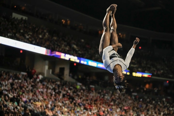 Simone Biles performs in the floor exercise at the U.S. Classic gymnastics competition Saturday, Aug. 5, 2023, in Hoffman Estates, Ill. (AP Photo/Morry Gash)