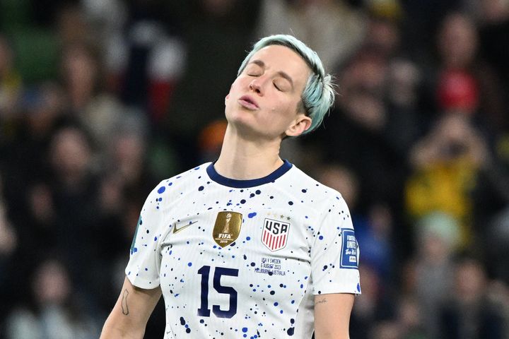 Megan Rapinoe reacts after failing to score in the penalty shoot-out during the 2023 Women's World Cup on August 6, 2023.