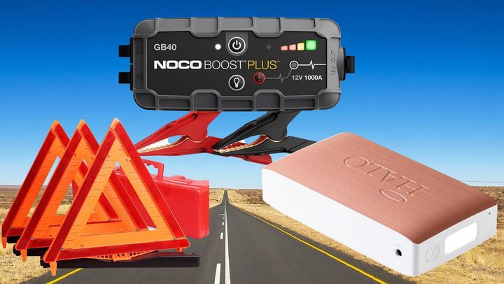 A set of reflective road triangles, a jump starter kit and a portable charging device. 