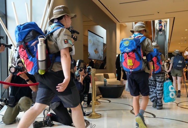 British scout members arrive from the World Scout Jamboree camp site, at a hotel, South Korea, on Aug. 5, 2023.