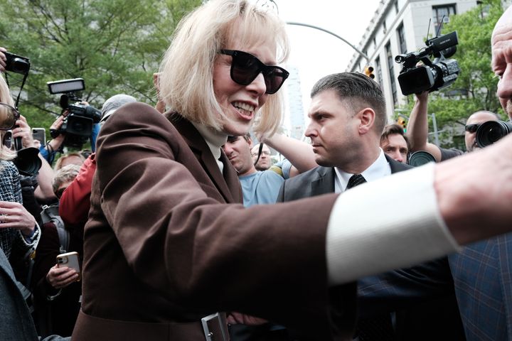 Writer E. Jean Carroll leaves a Manhattan court house after a jury found former President Donald Trump liable for sexually abusing her in a Manhattan department store in the 1990s.
