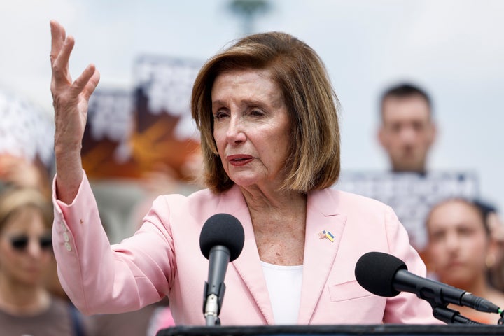 Rep. Nancy Pelosi (D-Calif.) speaks outside the U.S. Capitol Building on July 20, 2023.