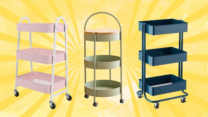 Kingrack three-tier cart, West Elm round storage cart with beech wood accent and The Container Store classic three-tier cart.