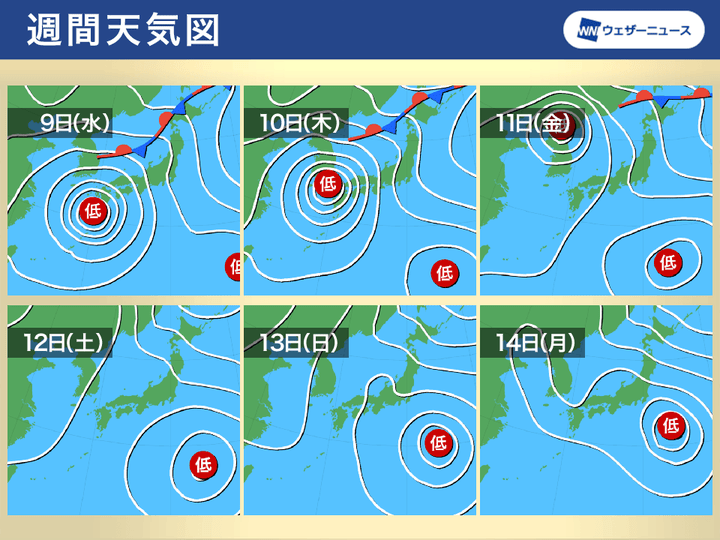 予想天気図 9日(水)〜14日(月)