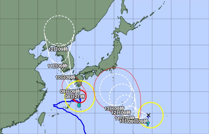台風6号、台風7号の予想経路図